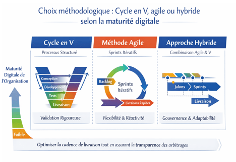 cycle en V, méthode agile, approche hybride